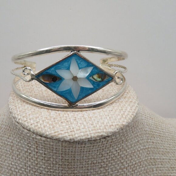 Vintage Alpaca Mexico Mother of Pearl Abalone Inlay Silver Cuff Bracelet - Picture 3 of 7